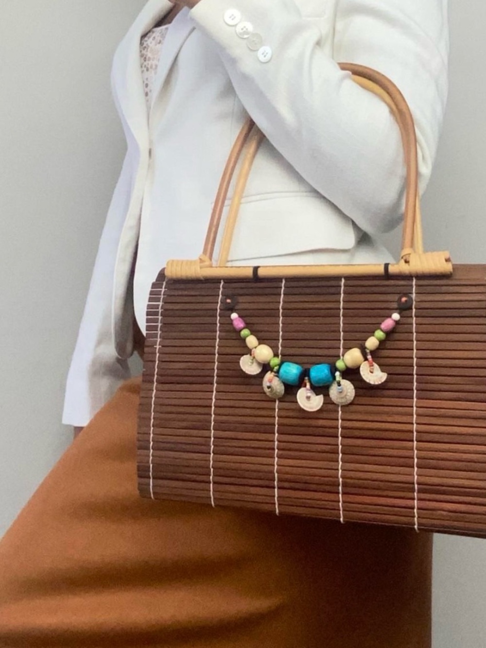 Brown Bamboo Beaded Tote Bag with Colorful Accent